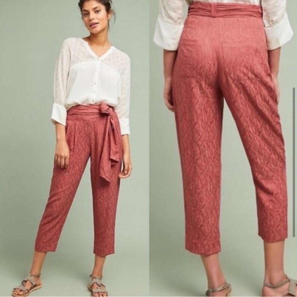 Anthropologie Ett:TWA Pink Jacquard Tie-Waist Ankle Trousers Size 14